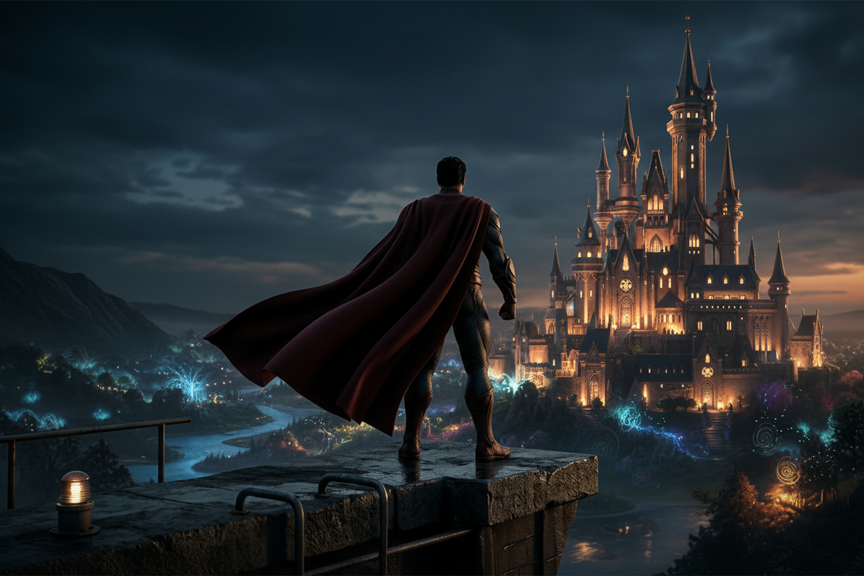 Superhero overlooking castle